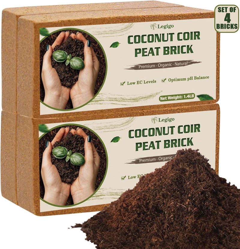 Legigo 4 Pack Premium Coco Coir Brick for Plants- 100% Organic Compressed Coconut Coir Bricks Starting Mix, Coco Coir Fiber Coconut Husk for Planting, Gardening, Potting Soil Substrate, Herbs - Image 1